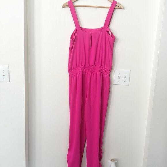 Amanda Uprichard Sateen Smocked Waist Square Neck Ruched Leg Jumpsuit Hot Pink M - Picture 6 of 9